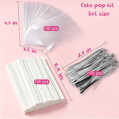 Basquei Cake Pop Sticks 6 Inches, Cake Pop Bags (3.9"X4.7"), Pink Metallic Twist Ties, 300 Pcs Cake Pop Kit Used for, Lollipops Cake, Candies, Chocolates Making Tools