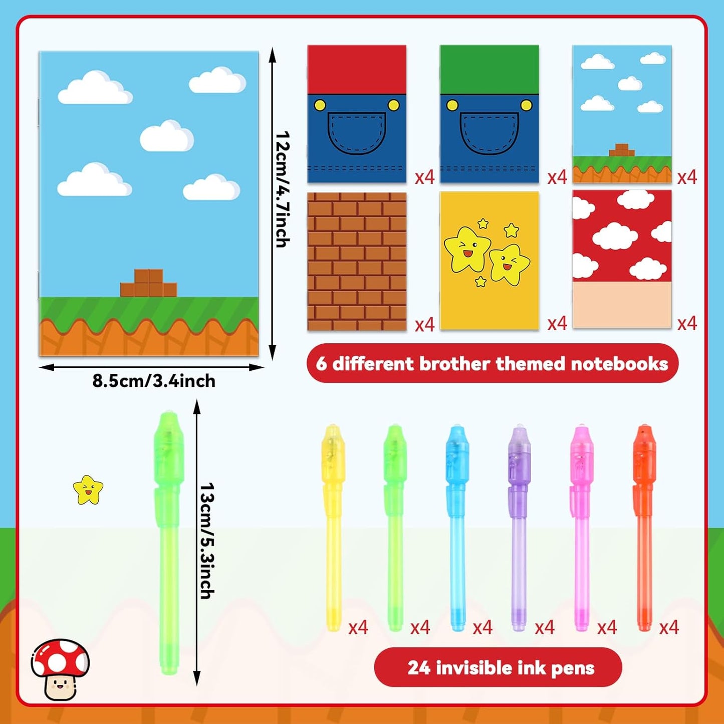 48Pcs Invisible Ink Pen with Anime Themed Notepads Animation Party Favors Spy Pens Magic Marker with Light Red White Video Game Mini Notebook for Birthday Gifts Goodie Bags Stuffers