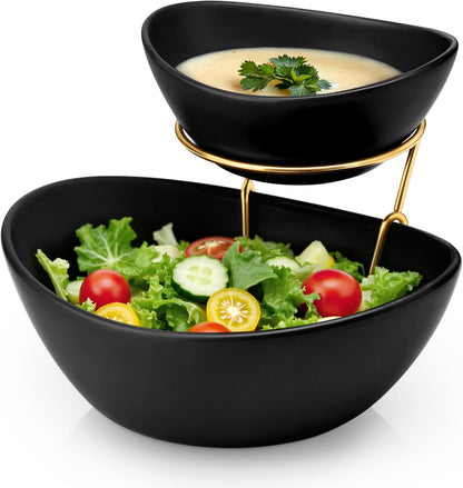 MALACASA 2 Tier Chip and Dip Serving Set with Metal Stand,Ceramic Appetizer Bowls for Party, Multi-Use Food Display for Fruits, Snacks,White Elegant Tiered Serving Dishes for Party