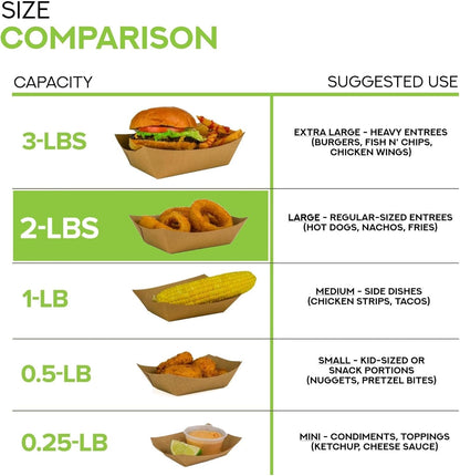 [250 Pack] Medium Disposable Brown Kraft Paper Food Trays, 1-Lb Concession Tray, Serving Boats for Party Snacks, Taco Bar, Seafood, Nachos Plates