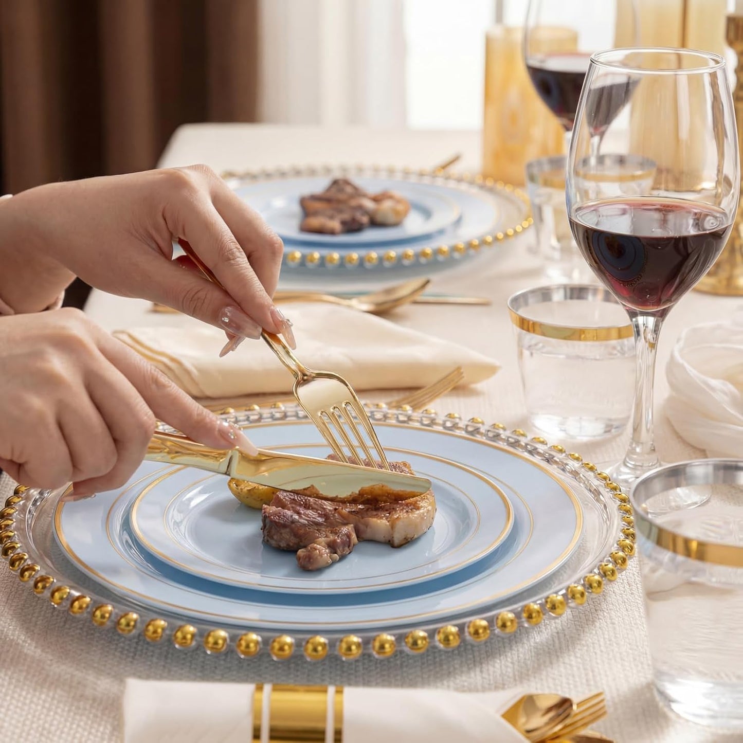 350 Pieces Black and Gold Plastic Plates with Disposable Silverware, Include 50 Dinner Plates 9”, 50 Dessert Plates 6.3”, 50 Black Cups 9 OZ, 50 Pre Rolled Napkins for Wedding Party Graduation