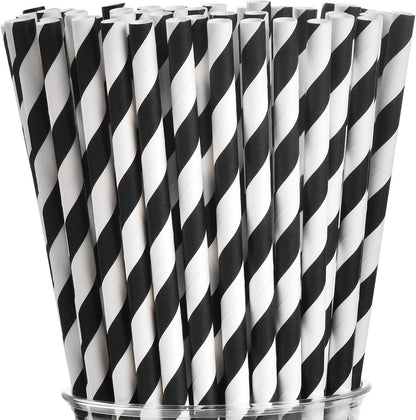 ALINK 100 White and Gold Striped Paper Straws, Biodegradable Disposable Drinking Straws for Birthday, Bridal/Baby Shower, Christmas, New Year, Party Decoration Supplies