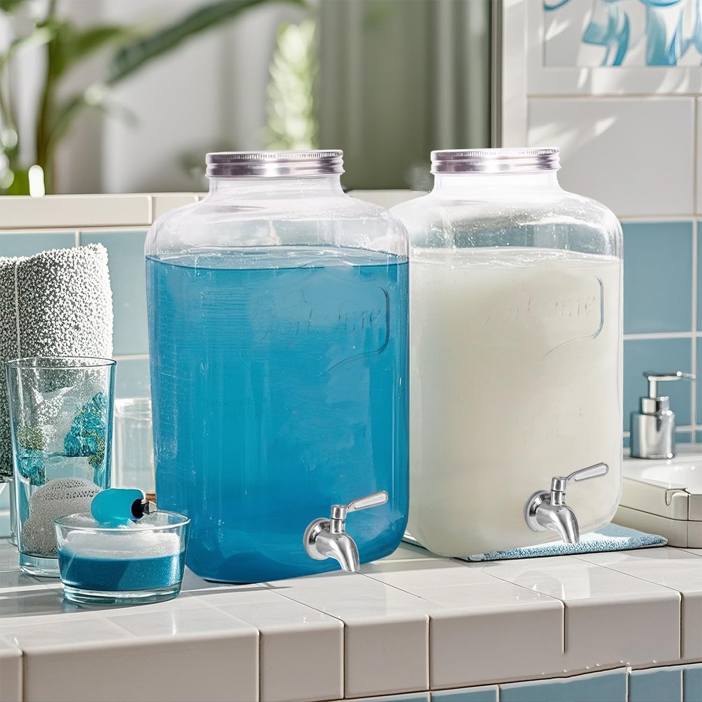 1 Gallon Glass Drink Dispenser with Stand,2 Pack Glass Beverage Dispenser with Stainless Steel Spigot,Water Lemonade Dispenser for Parties