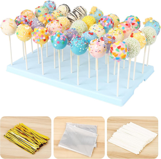 Cake Pop Display Stand Holder - 35 Holes Large Capacity White Lollipop Holder with 100 Pcs Sticks, Treat Bags & Gold Ties - Complete Cakepop Kit for Dessert Table, Wedding, Birthday Party