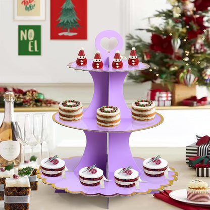Soleebee 3-Tier Cupcake Stand, Cardboard Cupcake Tower, Cup Cake Stand Tower for Birthday Wedding Party Decoration, Cupcake Tier Stand Desserts Display 1 Set (Purple Gold)
