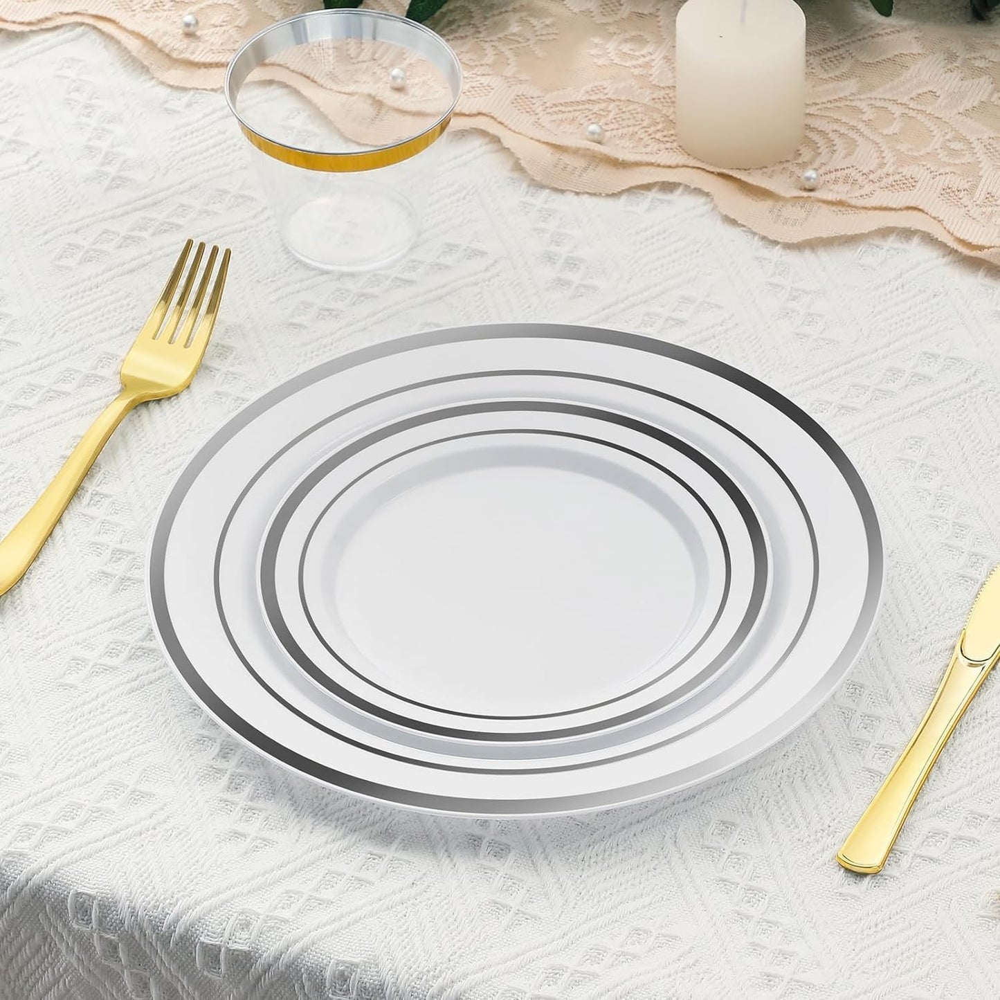 AOZITA 200 PCS White Plastic Plates, Premium Heavy Duty Disposable Plates for Party, 100 Dinner Plates & 100 Salad Dessert Plates, Sturdy Hard Plastic Dinnerware for Wedding, Events