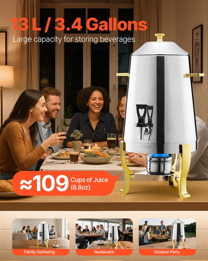VEVOR Stainless Steel Beverage Dispenser, 3.4 Gallon Drink Dispenser with Alcohol Burner, Hot & Cold Drink Dispensers with Spigot for Coffee Tea Hot Water, Ideal for Restaurants, Hotels, Parties