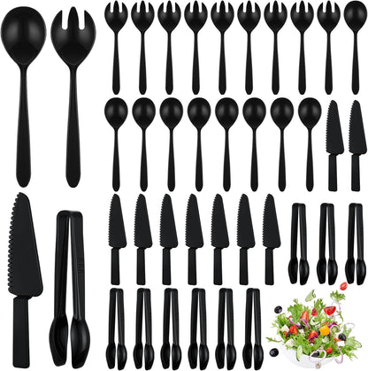 40 Set Disposable Plastic Serving Utensils Include10 Pcs 6.3" Serving Tongs 10 Spoons 10 Forks 10 Knives for Buffets Food Home Weddings Family Gathering Birthday Party Supplies(Black)