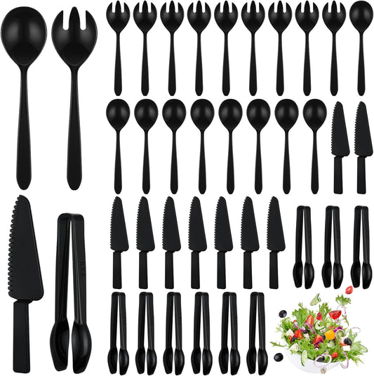 40 Set Disposable Plastic Serving Utensils Include10 Pcs 6.3" Serving Tongs 10 Spoons 10 Forks 10 Knives for Buffets Food Home Weddings Family Gathering Birthday Party Supplies(Black)