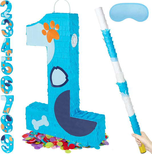 PCFING 20 Inch Dog Paw Number 1 Piñata with 30 Inch Piñata Stick Blindfold Confetti for Boy Girl Adults Birthday Party Decorations, Anniversary Celebration, Fiesta