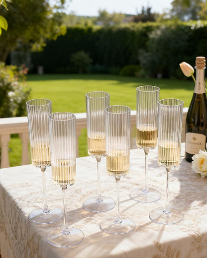 Ciaell 24 Pack Plastic Champagne Flutes - 6oz Ribbed Disposable Champagne Glasses - Clear Vintage Mimosa Glasses with Long Stem, Elegant for Weddings, Birthdays, Party