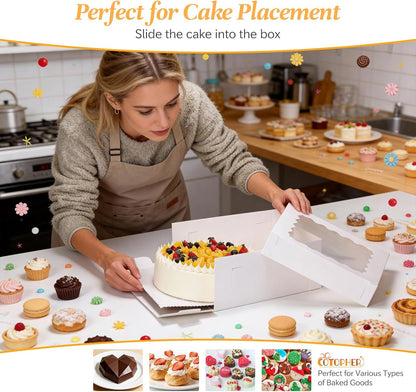COTOPHER 50 Pcs Cake Boxes 8 Inch, 8x8x5 Inches Cake Containers (25 Boxes & 25 Boards), White Bakery Boxes with Windown for Cookies, Desserts, Cupcake, Pastries, Birthday, Wedding, Mother's Day
