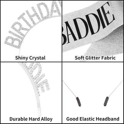 Aprince Birthday Baddie Sash and Tiara Crown for Women Girls Black Gold Happy Birthday Headband Accessiores Party Decorations