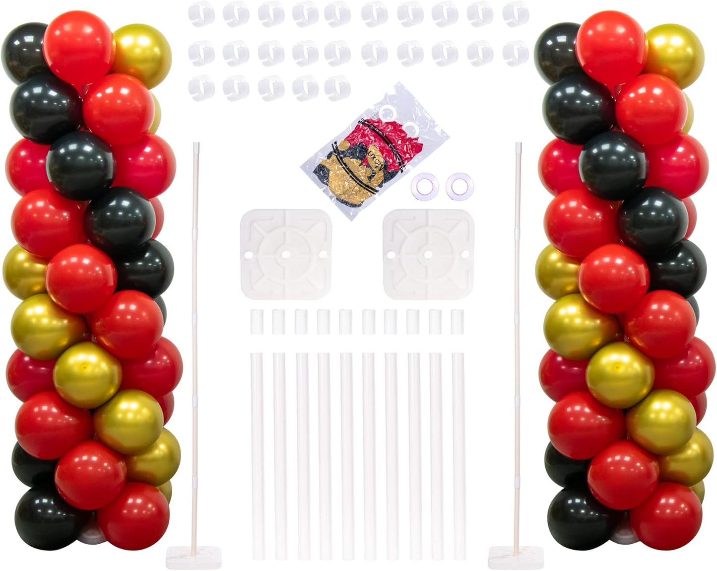 Balloon Column Stand Kit Set of 2, 5 Ft Modular Balloon Tower Pillar with Base for Birthday, Graduation, Baby Shower, Wedding Party Decoration (100 Black Gold Red Balloons Included)