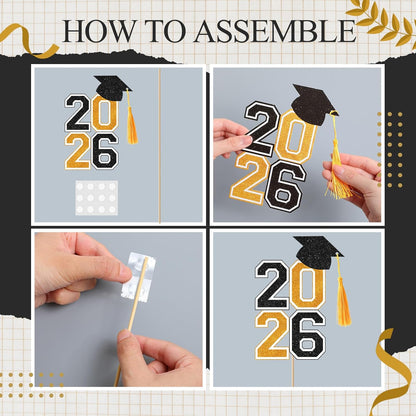 10 Pcs Graduation Table Centerpieces Sticks with Tassels, class of 2026 Grad Cap Picks Table Decoration Cupcake Toppers for Party Centerpiece Decoration Supplies(Blue and Gold)
