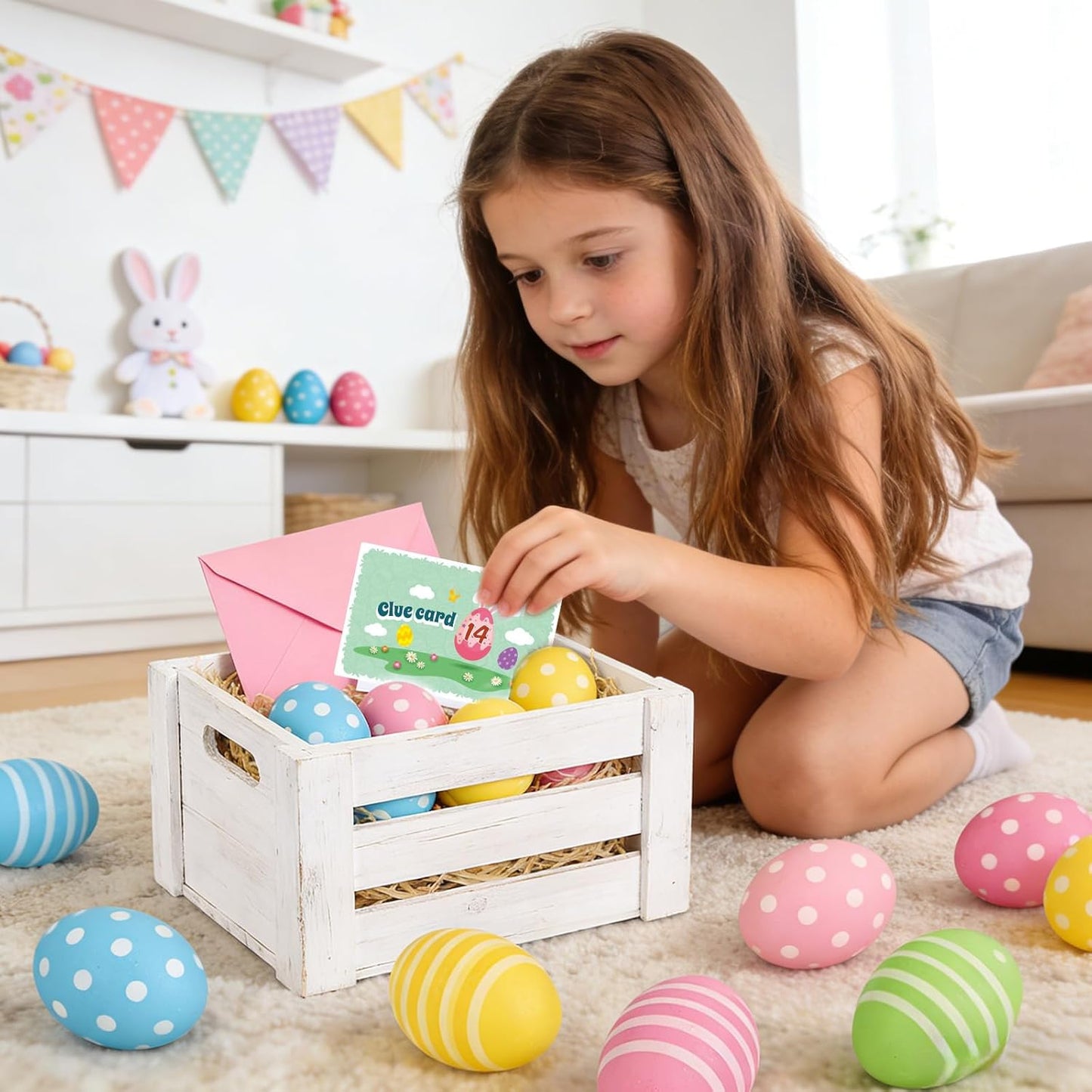AhfuLife Easter Egg Scavenger Hunt Clue Cards for Family Friends, 27 Cards Set with Clues, Rules, Answers, Winner Cards for Easter Party Activities, Games Indoor, Easter Party Decorations Supplies