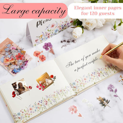 Ctosree Wedding Guest Book with Pens Wildflowers Embroidered Fabric Photo Album, Hard Cover Guest Book Wedding Reception for Baby Shower, Party, Bridal Shower(Colorful,8.3 * 6 Inch)