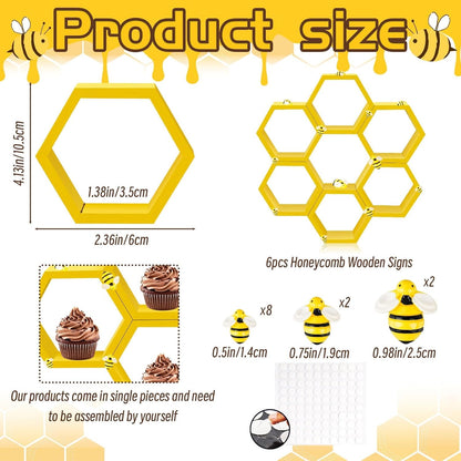 8 Pcs 4.13 Inch Honeycomb Cupcake Stand Cake Farmhouse Hexagon Display Holder Hexagonal Wood Cupcake Stand Floating Table Sign with Wooden Bee for Wedding Baby Shower Birthday Party Table Decorations