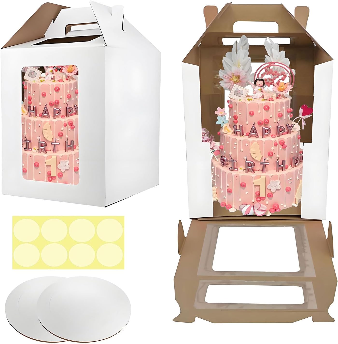 Cake Boxes - 2 Pack Tall Cake Box 12x12x14 Inch Disposable Layer Carrier with Window Large Tierd Cake Out Transport Containers with Handle for Wedding, Birthday, Party (White)