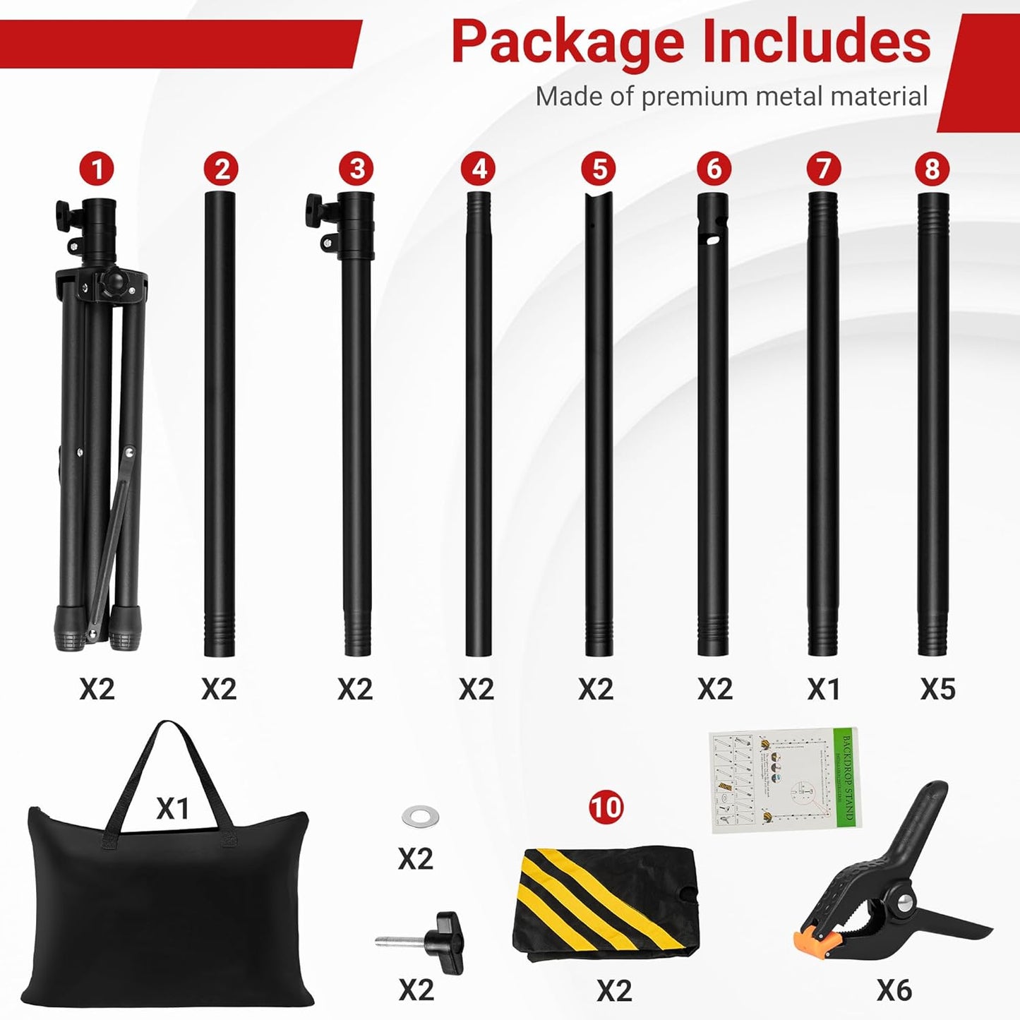 Backdrop Stand, Adjustable 10x7.5 FT Background Stand Backdrop for Parties, Photo Video Studio, Portable Photography Backdrop Stand with Carrying Bag, 6 Backdrop Clamps, and 2 Stand Bags