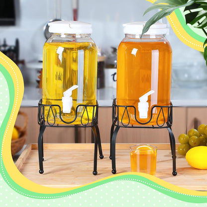 Tanlade 2 Pcs Plastic Drink Dispenser with Stand Beverage Dispenser with Sturdy Metal Base Juice Jar for Parties Lemonade Jar Spigot for Weddings Countertop Water, Each 1 Gallon (Gold)
