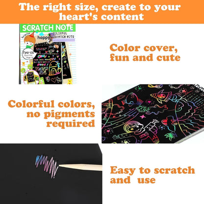 Fulmoon 60 Pcs Bulk Scratch Note Pads Scratch Paper Notebooks Rainbow Party Favors with Wooden Stylus Coloring Books DIY Arts and Crafts for Birthday Game Gift