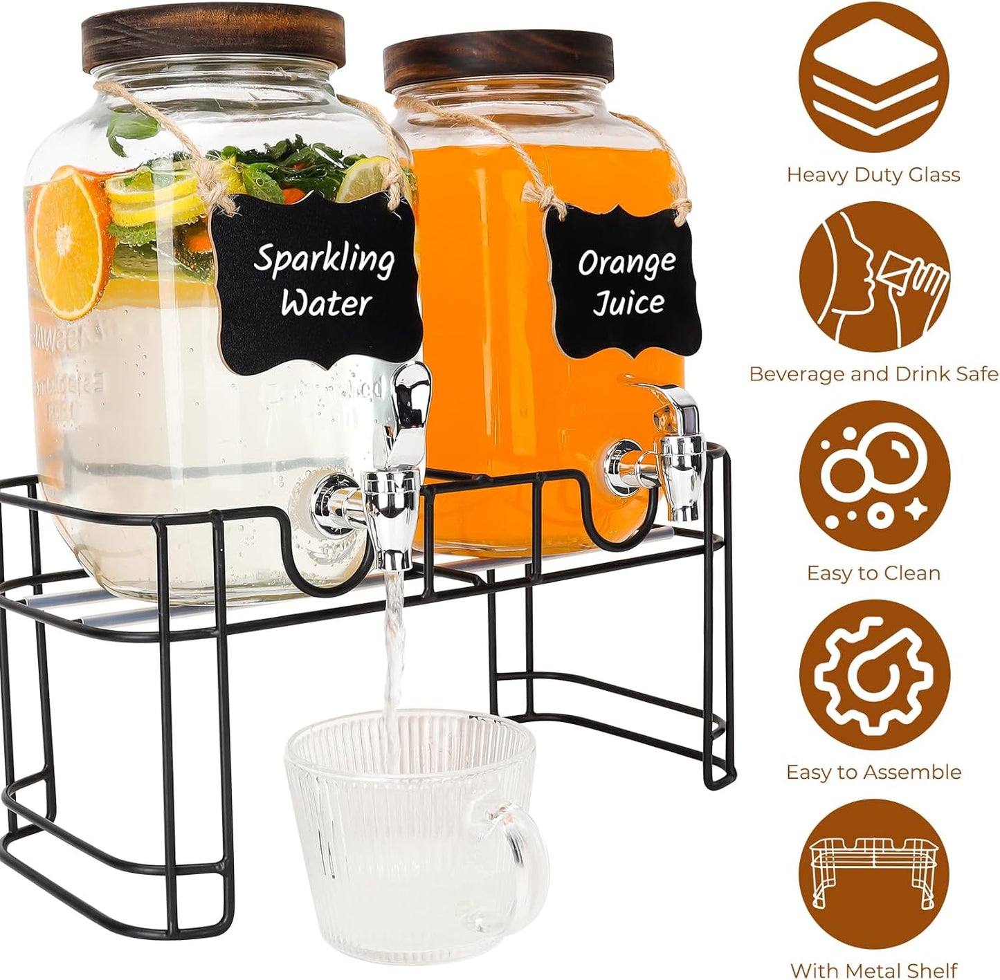 1 Gallon Glass Drink Dispensers, 2 Pack Clear Beverage Dispenser with Stand and Spigot for Parties, Drink Dispenser with Ice Core and Sticker for BBQ, Picnic, Lemonade Dispenser