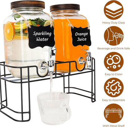 1 Gallon Glass Drink Dispensers, 2 Pack Clear Beverage Dispenser with Stand and Spigot for Parties, Drink Dispenser with Ice Core and Sticker for BBQ, Picnic, Lemonade Dispenser
