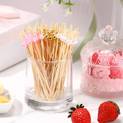 Reallnaive 600 Pcs Cocktail Pick Pearl Fancy Toothpick for Appetizer 4.7 Inch Long Skewer for Drink Fruit Food Bamboo Stick Wedding Bridal Shower Decoration Charcuterie Accessories (White)