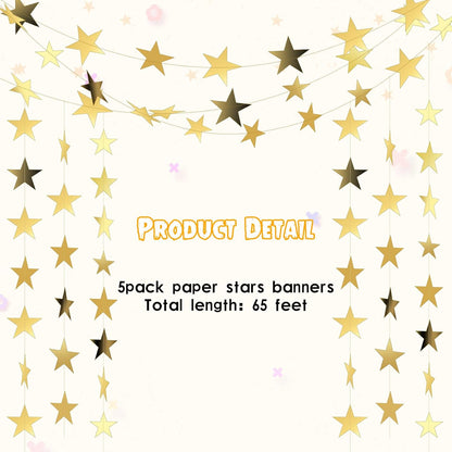 Spakon 65 Feet Glitter Star Paper Garland Banner Hanging Decoration Star Streamers Double Side 2026 Graduation Decorations for Wedding Birthday Festival New Year Party Decoration (Gold)