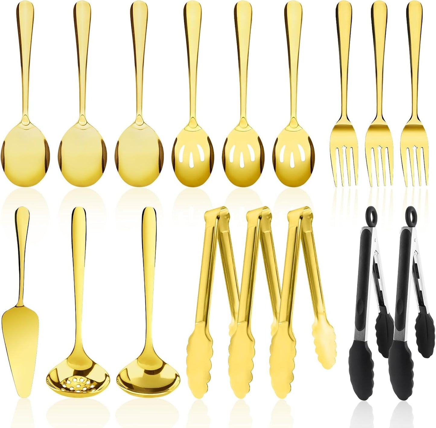 17PCS Serving Utensils Set Flatware, Stainless Steel Serveware Large Serving Spoons, Slotted Spoons, Forks, Tongs, Cake Server,Soup and Skimmer Spoon for Buffet, Catering, Party, Dinner (Silver)