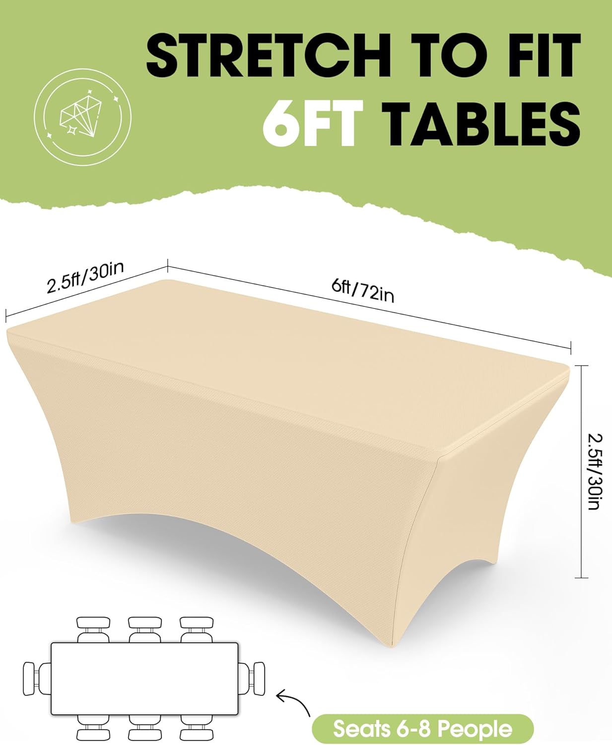 Pureegg Spandex Tablecloth 6ft - 2 Pack, Fitted and Tight Cloth for Rectangle Table, Wrinkle-Free and Stretch Table Cover for Party, Wedding, Banquet and Birthday, White