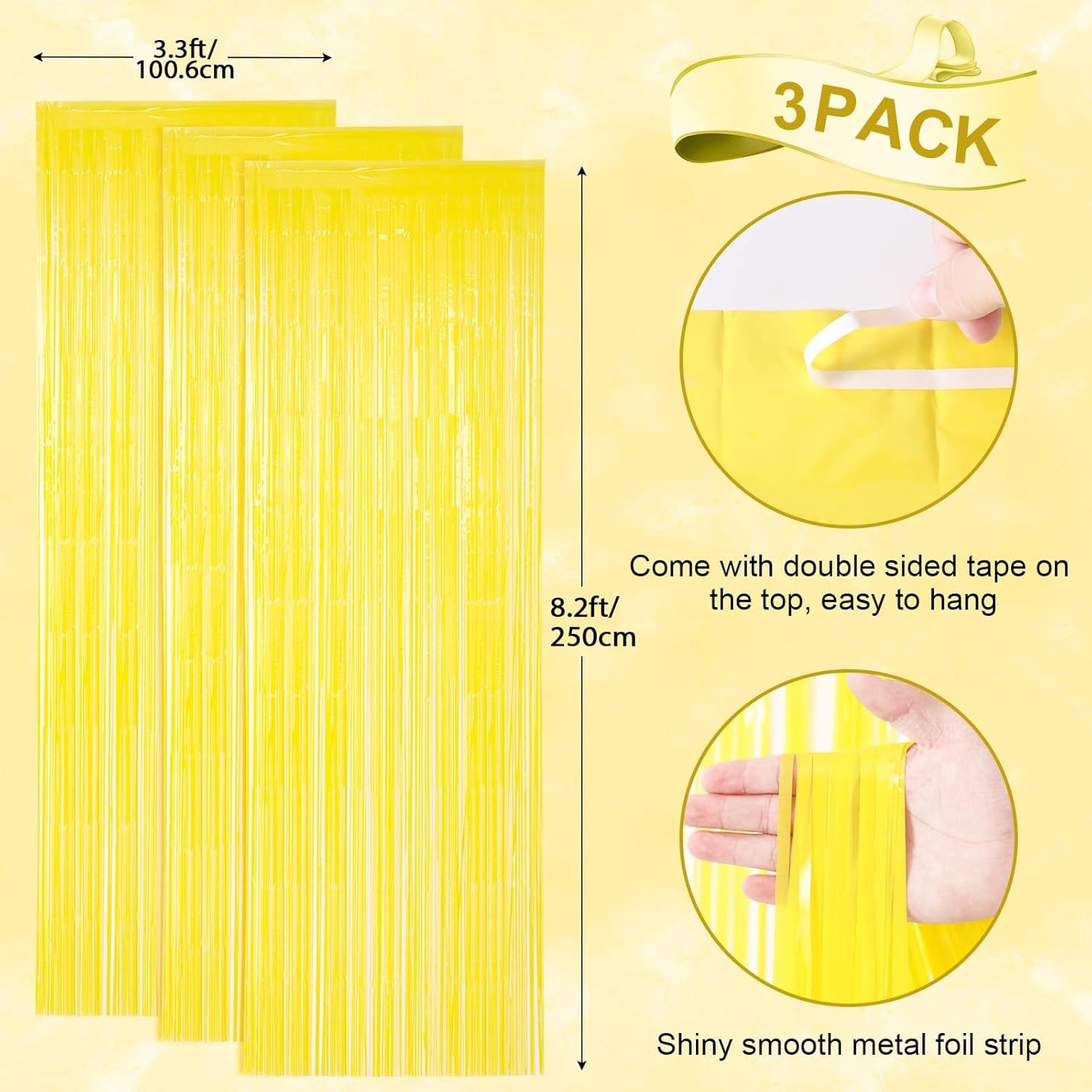 Voircoloria 3 Pack 3.3x8.2 Feet Gold Foil Fringe Backdrop Curtains, Tinsel Streamers, Fringe Backdrop for 2025 New Years Eve, Graduation, Birthday, Baby Shower, Gender Reveal, Disco Party - Colors A