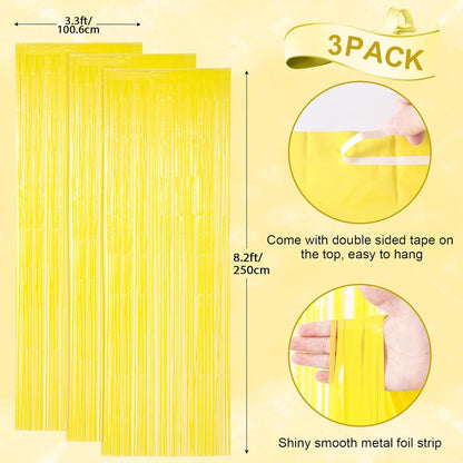 Voircoloria 3 Pack 3.3x8.2 Feet Gold Foil Fringe Backdrop Curtains, Tinsel Streamers, Fringe Backdrop for 2025 New Years Eve, Graduation, Birthday, Baby Shower, Gender Reveal, Disco Party - Colors A