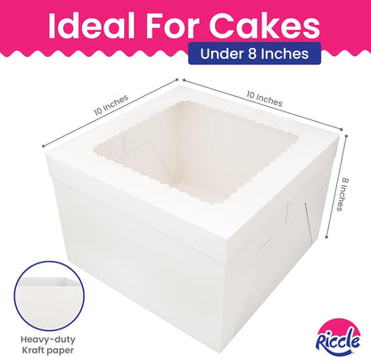 RICCLE 15pcs Cake Boxes, 10x10x8 Inches Tall Cake Box with Window, Large White Bakery Boxes, Baking Boxes, Square Cardboard Cake Box for Multi-Layer Cakes, Cake Decorating Supplies, Valentines Day