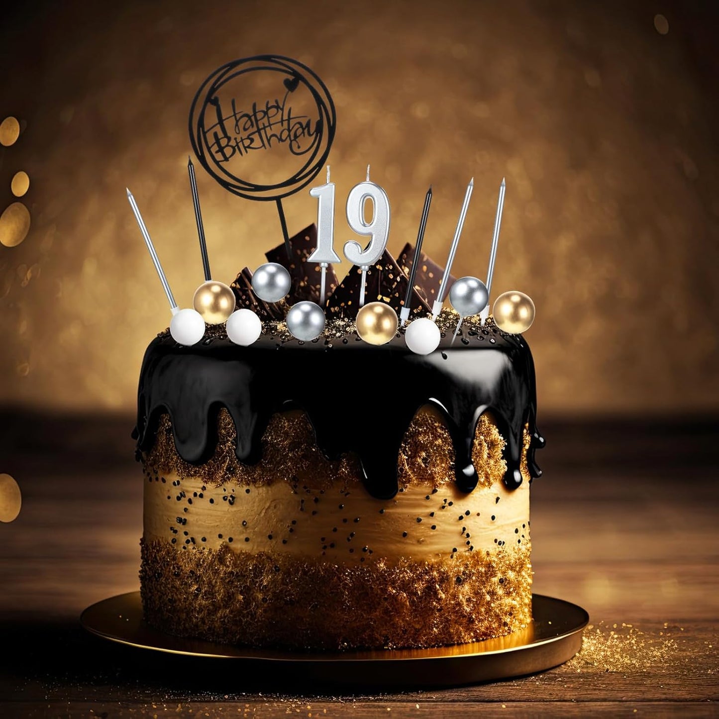 Yerliker 34 Pcs Happy Birthday Cake Toppers Decorations Birthday Candles DIY Cake Decor for Men Women Wedding Anniversary(Gold)