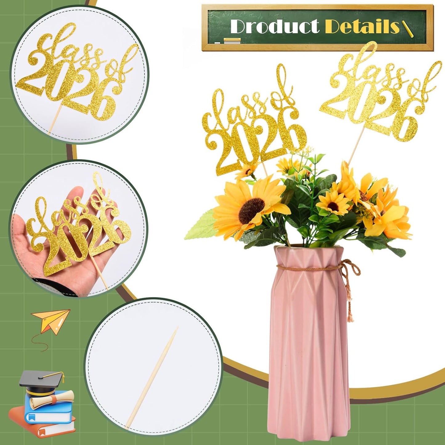 MixTeach 12 Pack Class of 2026 Graduation Centerpieces for Tables 2026 Glitter Graduation Centerpieces Sticks Graduation Party Table Topper for 2026 Graduation Table Party Decorations Supplies, Black