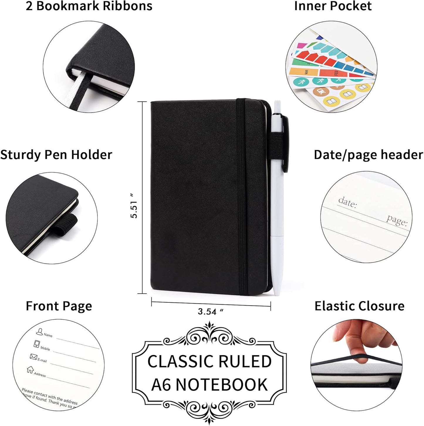 feela 6 Pack Pocket Small Notebooks Bulk, Mini Cute Memo Notepads Hardcover College Ruled Lined Journals with Pen Holder for Women Girls Office School, with 6 Black Pens, 3.5”x 5.5”, A6, Rose Pink