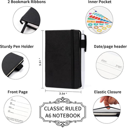 feela 6 Pack Pocket Small Notebooks Bulk, Mini Cute Memo Notepads Hardcover College Ruled Lined Journals with Pen Holder for Women Girls Office School, with 6 Black Pens, 3.5”x 5.5”, A6, Rose Pink
