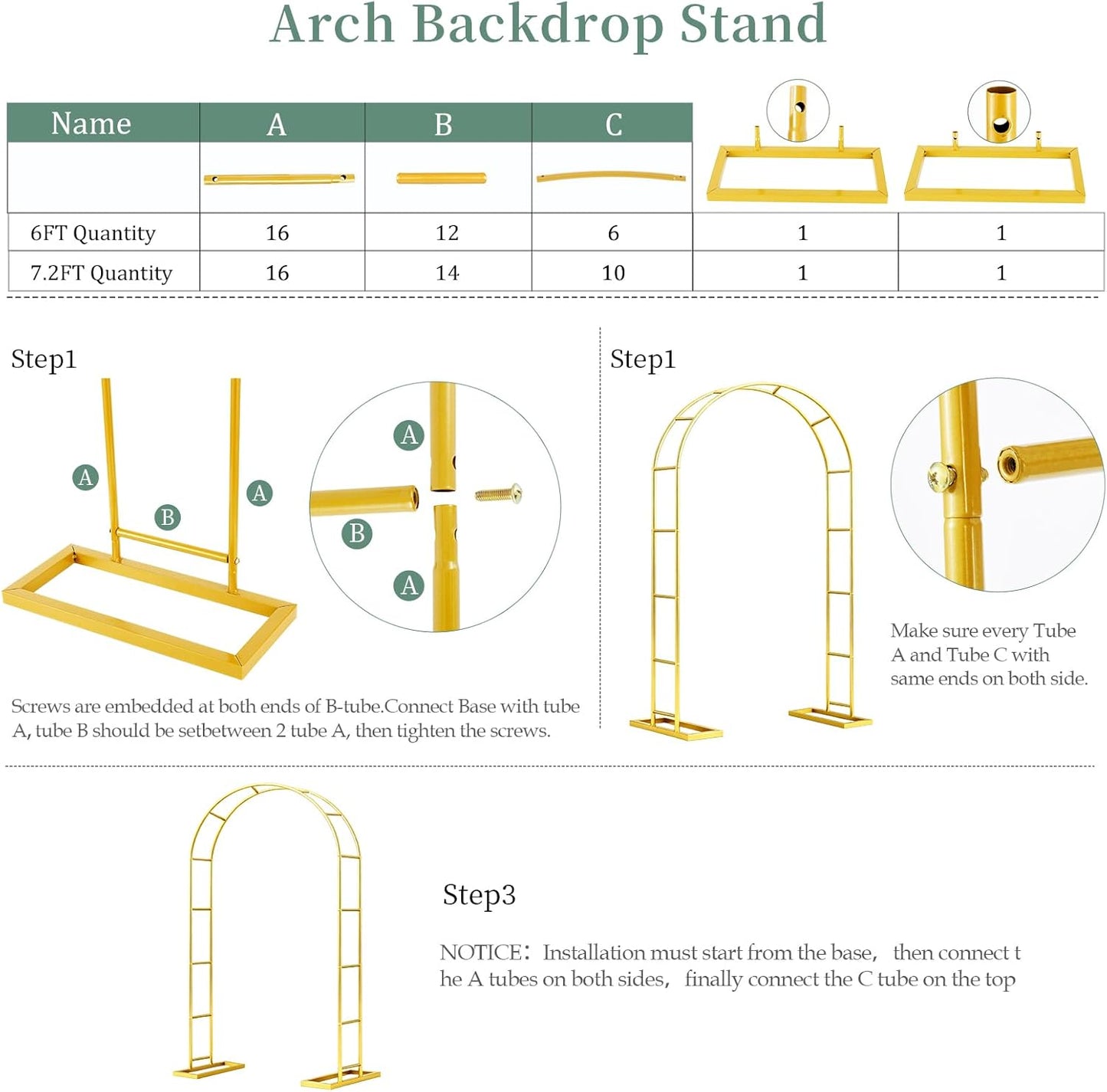 WellSign Wedding Arch Backdrop Stand 7.2FT, 6FT Set of 2, Gold Metal Balloon Arch kit Stand for Gender Reveal Ceremony Engagement Anniversary Bridal Valentine Party Event Decoration