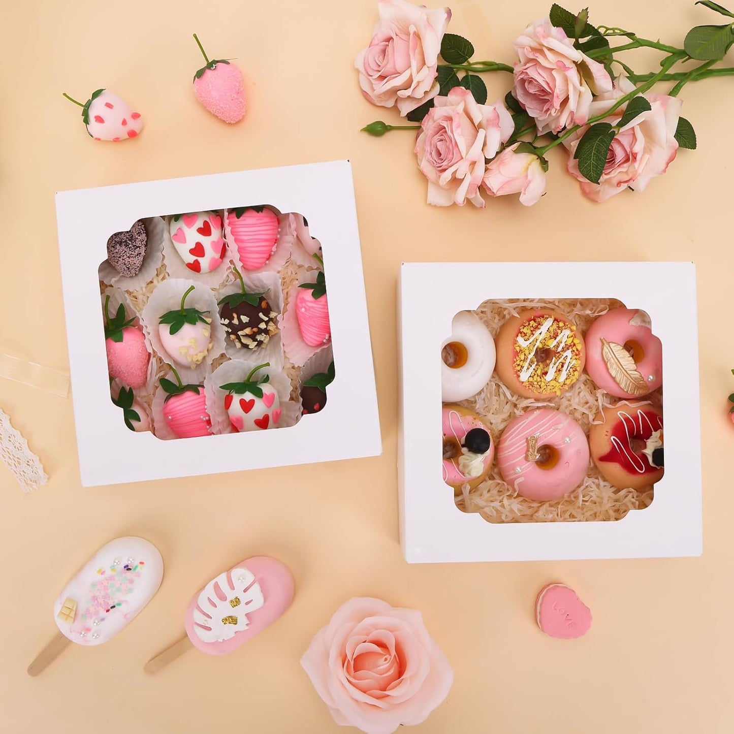 Moretoes 30pcs Bakery Boxes, 8x8x2.5 Cookie Boxes with Window, White Treat Containers for Donuts, Chocolate Strawberries, Pie, Birthday Party, Mother's Day, Weddings