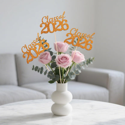 Gold Class of 2026 Double-sided Graduation Table Centerpieces, 12 Pcs Grad Party Decorations with Sticks, Graduation 2026 Party Supplies for Table Decor