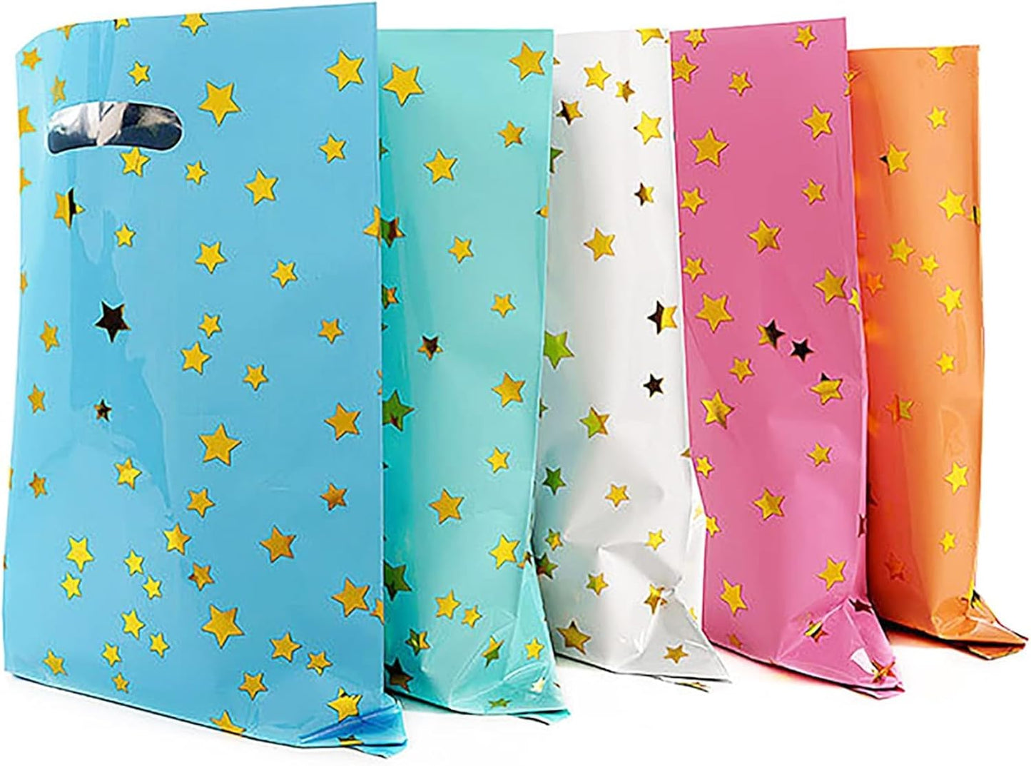 25 Party Favor Bags for Kids Birthdays, Goodie Candy Bags in 5 Colors with Star Pattern