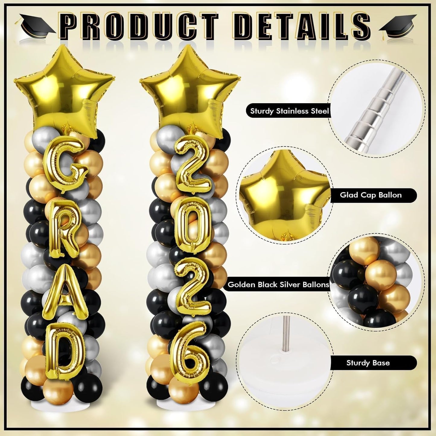 2 Sets Graduation Balloon Column Stand Kits with Balloons 2026 Grad Themed Decoration Navy Blue Balloon Tower Stand Kit for Grad High School & College Celebration Party Decor