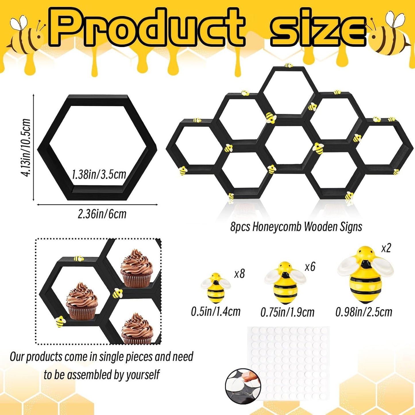 8 Pcs 4.13 Inch Honeycomb Cupcake Stand Cake Farmhouse Hexagon Display Holder Hexagonal Wood Cupcake Stand Floating Table Sign with Wooden Bee for Wedding Baby Shower Birthday Party Table Decorations