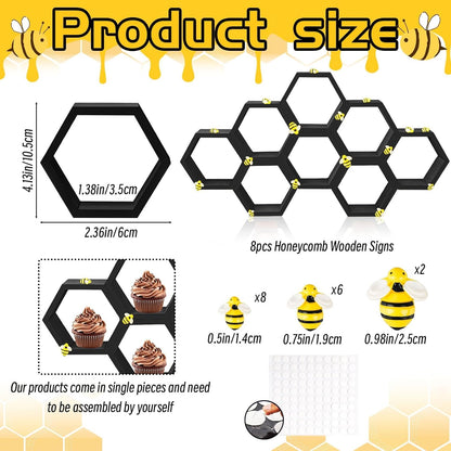 8 Pcs 4.13 Inch Honeycomb Cupcake Stand Cake Farmhouse Hexagon Display Holder Hexagonal Wood Cupcake Stand Floating Table Sign with Wooden Bee for Wedding Baby Shower Birthday Party Table Decorations