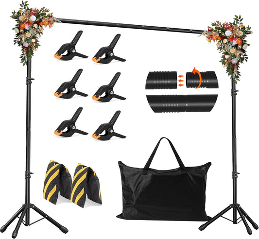 Backdrop Stand, Adjustable 10x7.5 FT Background Stand Backdrop for Parties, Photo Video Studio, Portable Photography Backdrop Stand with Carrying Bag, 6 Backdrop Clamps, and 2 Stand Bags