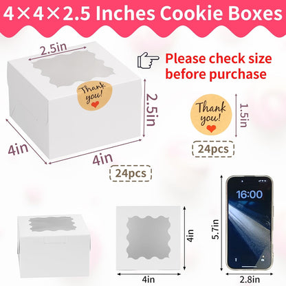 WINKIO 24pcs White Cookie Boxes, 4x4x2.5 Inches Bakery Boxes with Window, for Mini Cake Treat Dessert Pastry Donuts Macaroon Strawberries Chocolate Candy (with Stickers)
