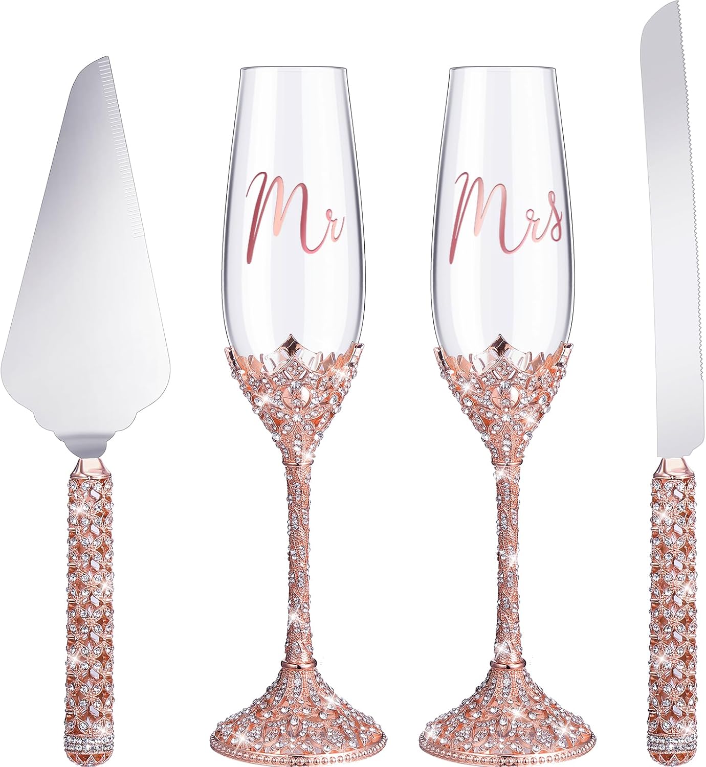 Sratte 4 Pcs Wedding Cake Knife and Champagne Flutes Server Set, Toasting Crystal Rhinestone Champagne Flutes Glasses Cake Knife Pie Server Wedding Gifts for Couple Bride Groom(Gold)