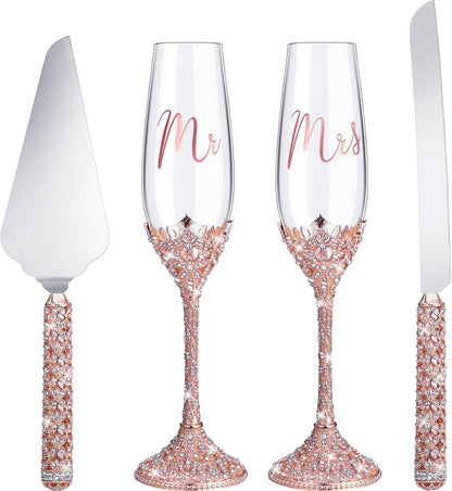 Sratte 4 Pcs Wedding Cake Knife and Champagne Flutes Server Set, Toasting Crystal Rhinestone Champagne Flutes Glasses Cake Knife Pie Server Wedding Gifts for Couple Bride Groom(Gold)